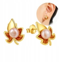 Srebrne kolczyki listki liście perły sztyft wkrętki srebro pozłacane 925