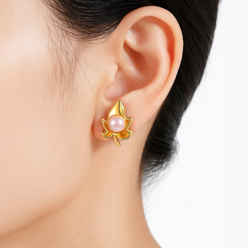 Srebrne kolczyki listki liście perły sztyft wkrętki srebro pozłacane 925