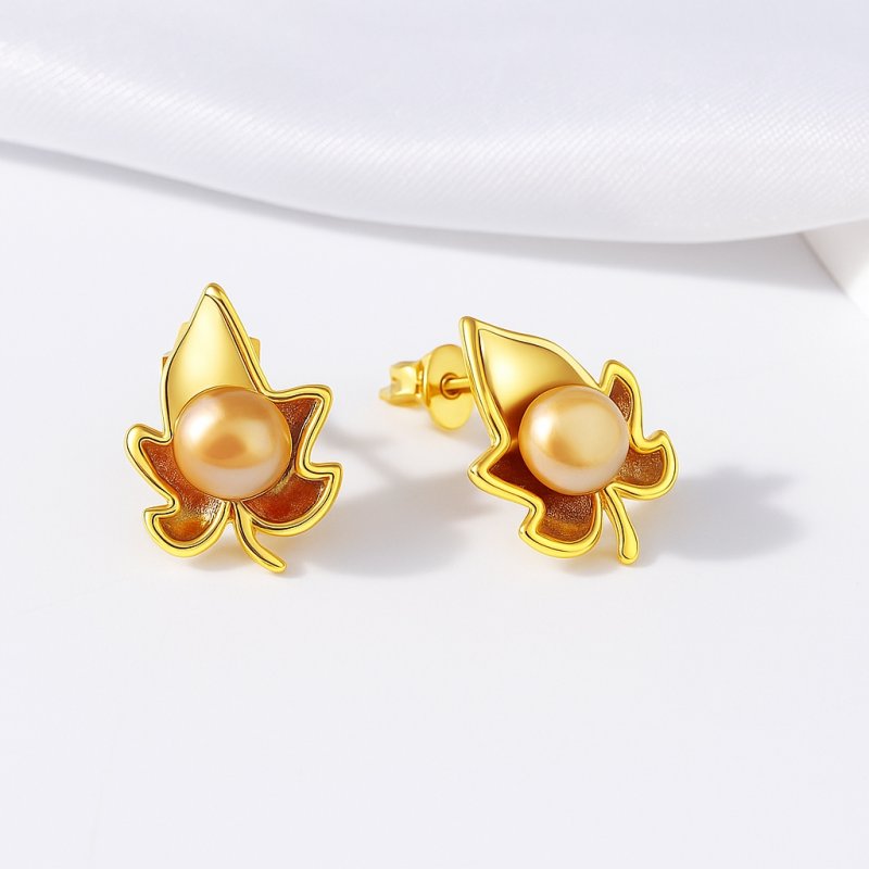 Srebrne kolczyki listki liście perły sztyft wkrętki srebro pozłacane 925