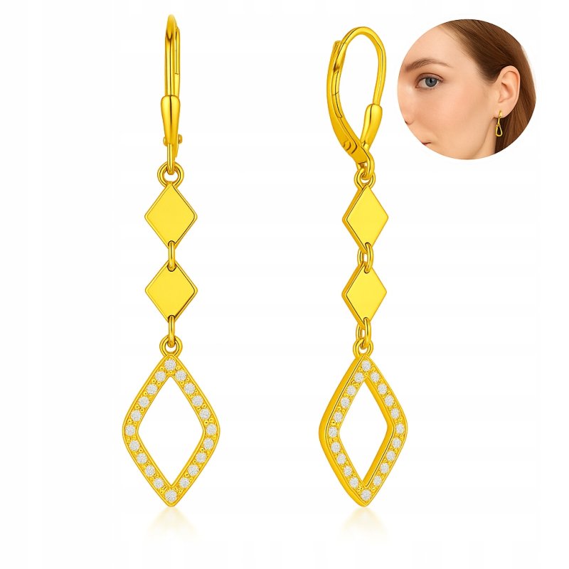 Kolczyki długie z cyrkoniami romby srebro pozłacane próba 925 angielskie