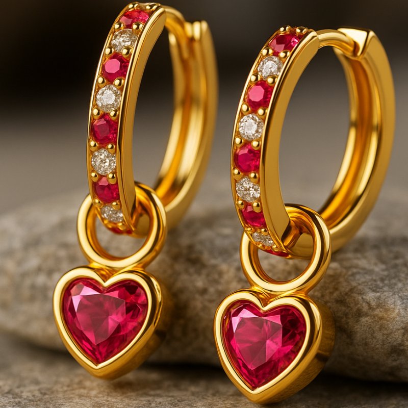 Kolczyki wiszące różowe serca kółka srebro pozłacane próba 925