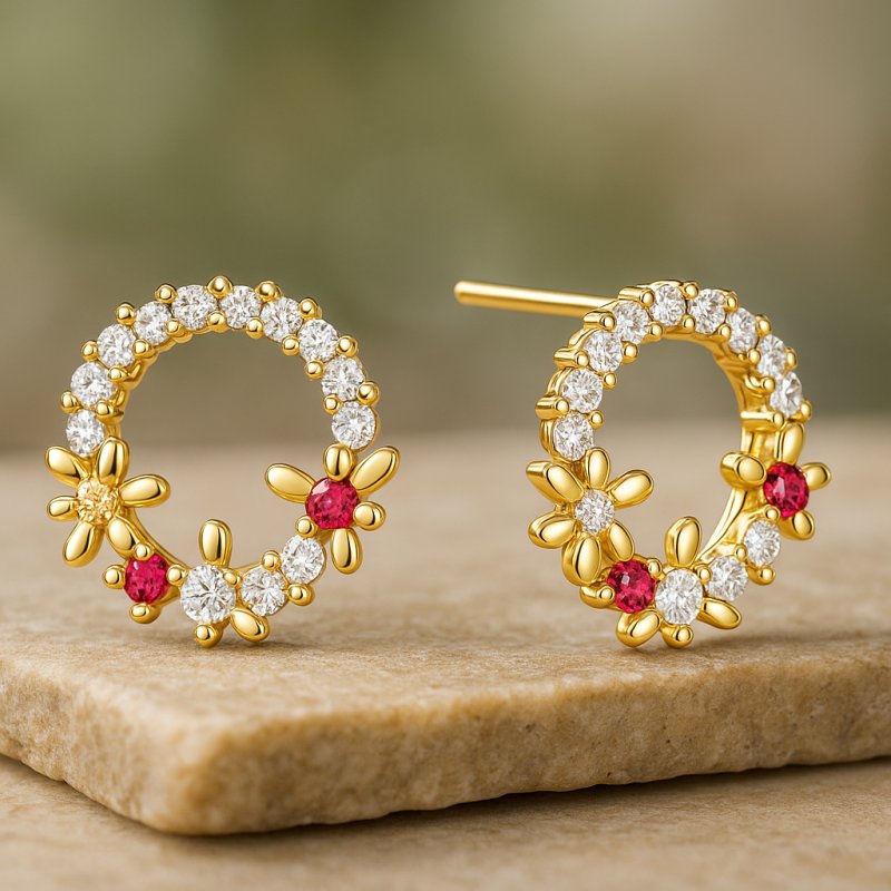 Kolczyki Srebrne Pozłacane z Cyrkoniami Sztyfty Wkrętki Kwiatki Srebro 925