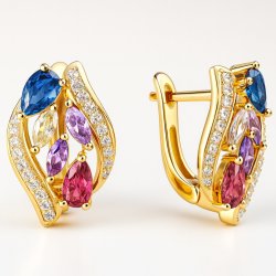 Kolczyki damskie angielskie kolorowe cyrkonie srebro pozłacane próba 925