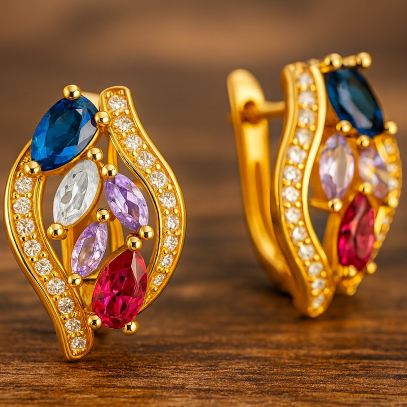 Kolczyki damskie angielskie kolorowe cyrkonie srebro pozłacane próba 925