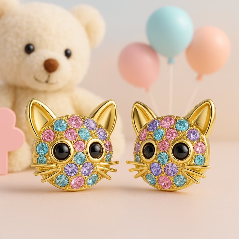 Złote kolczyki kotki dla dziewczynki stal chirurgiczna 316l