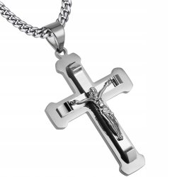 Naszyjnik srebrny duży krucyfiks krzyż Jezus stal szlachetna 316L 50 cm