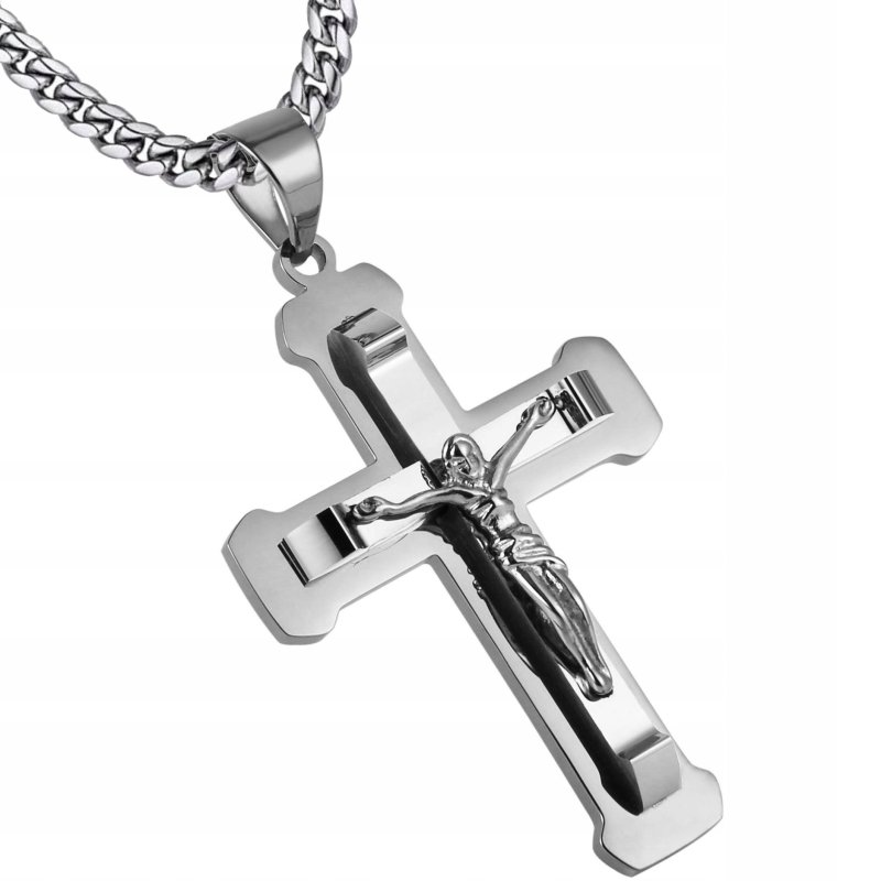 Naszyjnik srebrny duży krucyfiks krzyż Jezus stal szlachetna 316L 50 cm