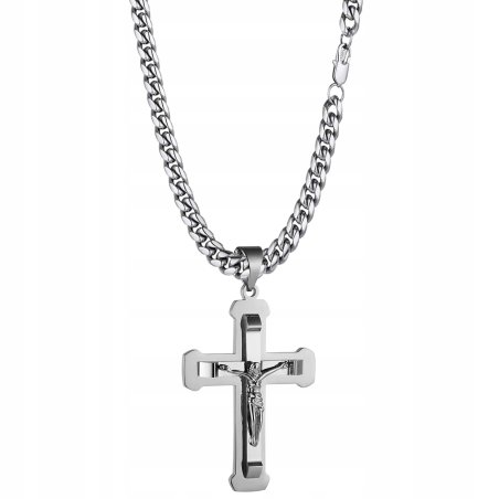 Naszyjnik srebrny duży krucyfiks krzyż Jezus stal szlachetna 316L 50 cm