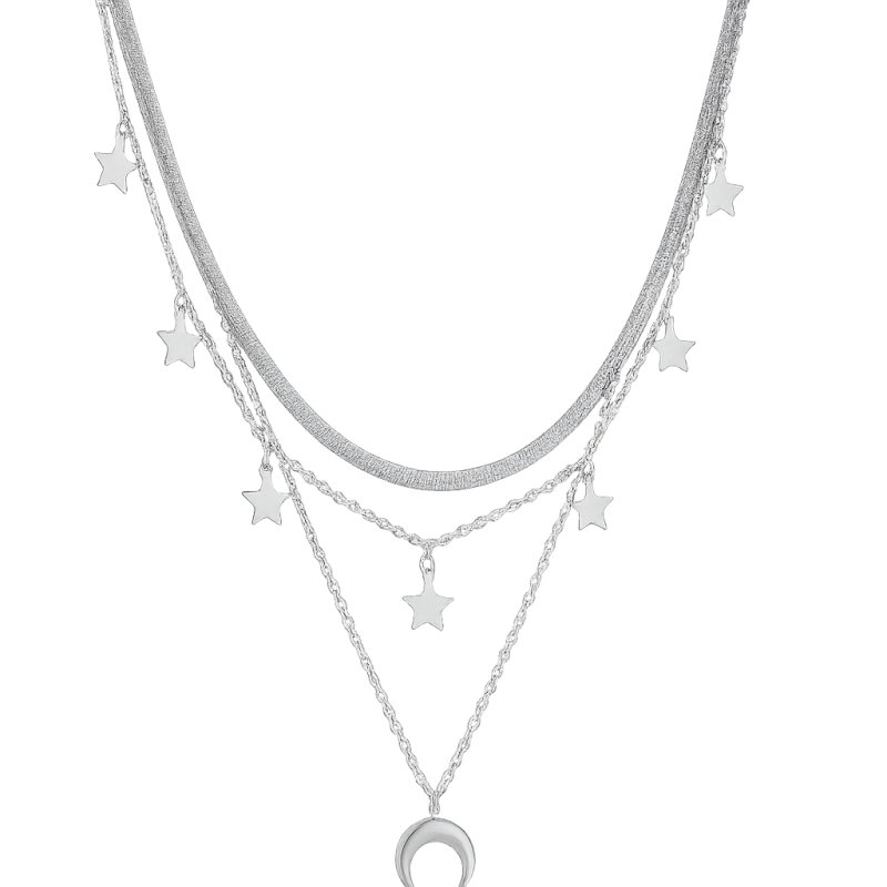 Naszyjnik potrójny srebrny gwiazdy księżyc stal szlachetna 316L
