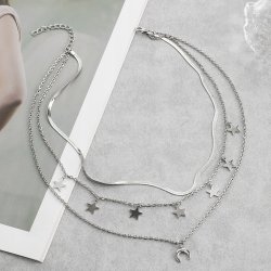 Naszyjnik potrójny srebrny gwiazdy księżyc stal szlachetna 316L