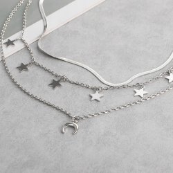Naszyjnik potrójny srebrny gwiazdy księżyc stal szlachetna 316L