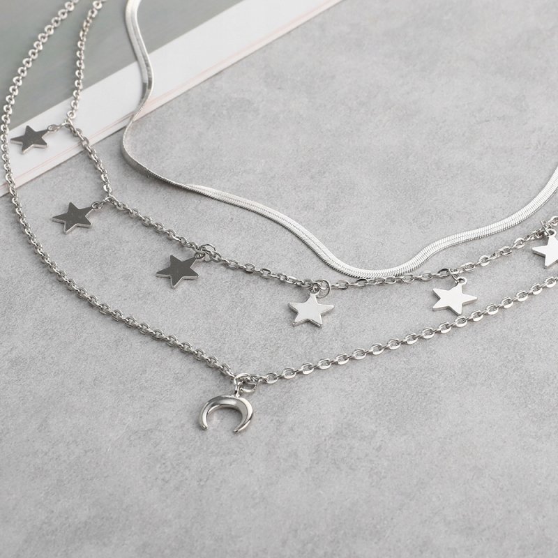 Naszyjnik potrójny srebrny gwiazdy księżyc stal szlachetna 316L
