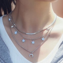 Naszyjnik potrójny srebrny gwiazdy księżyc stal szlachetna 316L
