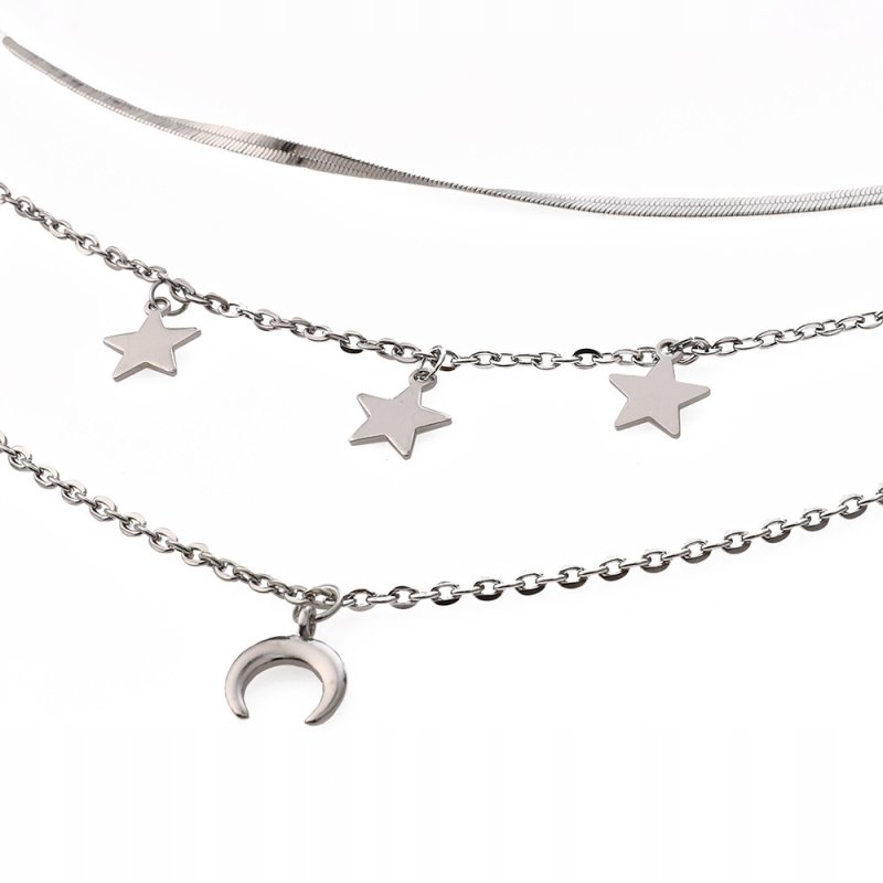 Naszyjnik potrójny srebrny gwiazdy księżyc stal szlachetna 316L