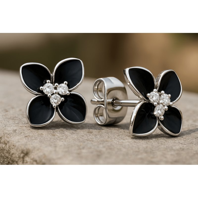 Srebrne kolczyki wkrętki kwiatki czarne sztyfty kolczyki srebro rodowane
