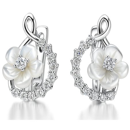 Kolczyki srebrne rodowane kwiatki cyrkonie masa perłowa srebro próba 925