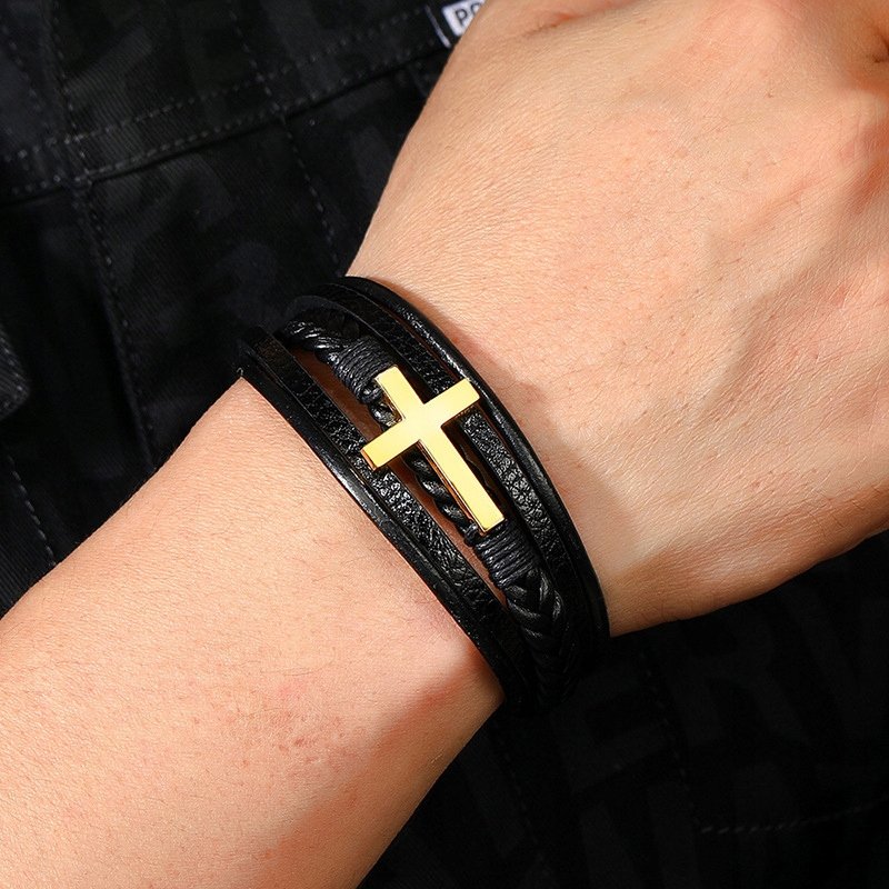 Złota bransoletka męska skórzana krzyż stal chirurgiczna 316L