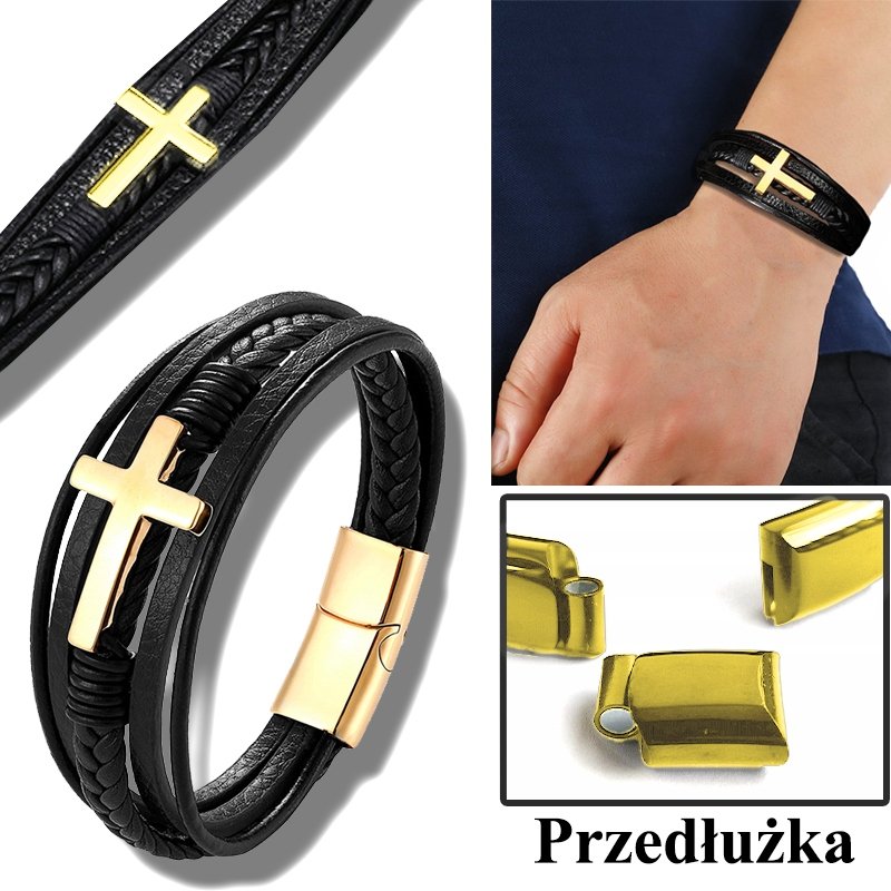 Złota bransoletka męska skórzana krzyż stal chirurgiczna 316L