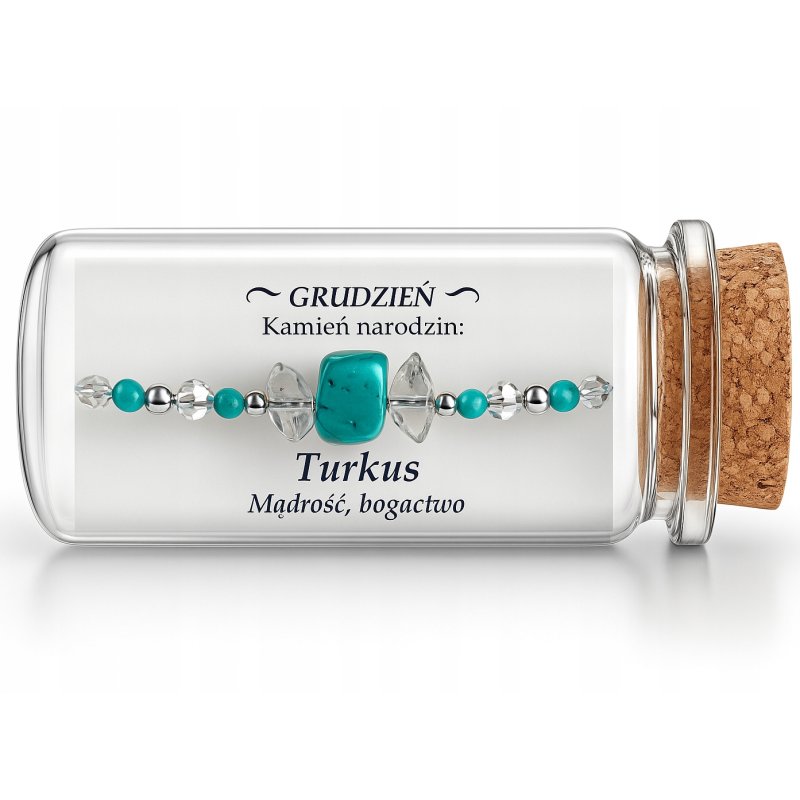 Srebrna damska bransoletka w butelce grudzień turkus srebro próba 925