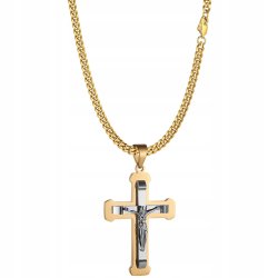 Naszyjnik złoty duży krzyż krzyżyk Jezus stal szlachetna 316L 50 cm