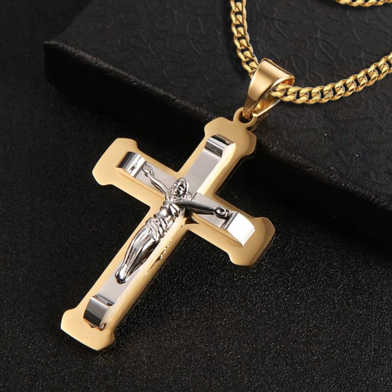 Naszyjnik złoty duży krzyż krzyżyk Jezus stal szlachetna 316L 50 cm