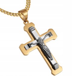 Naszyjnik złoty krzyż krucyfiks Jezus stal szlachetna 316L 60 cm