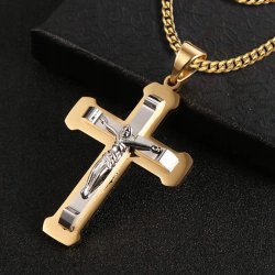 Naszyjnik złoty krzyż krucyfiks Jezus stal szlachetna 316L 60 cm