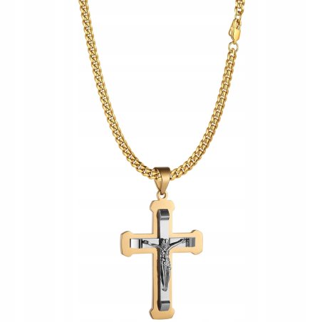 Naszyjnik pozłacany krzyż krucyfiks Jezus stal szlachetna 316L 60 cm