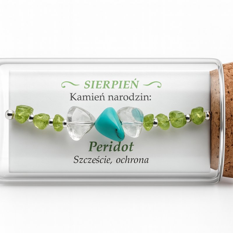Srebrna damska bransoletka w butelce sierpień peridot srebro próba 925