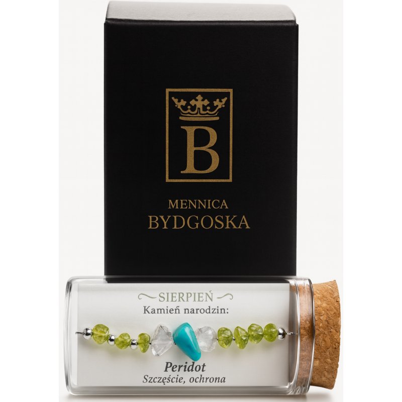 Srebrna damska bransoletka w butelce sierpień peridot srebro próba 925