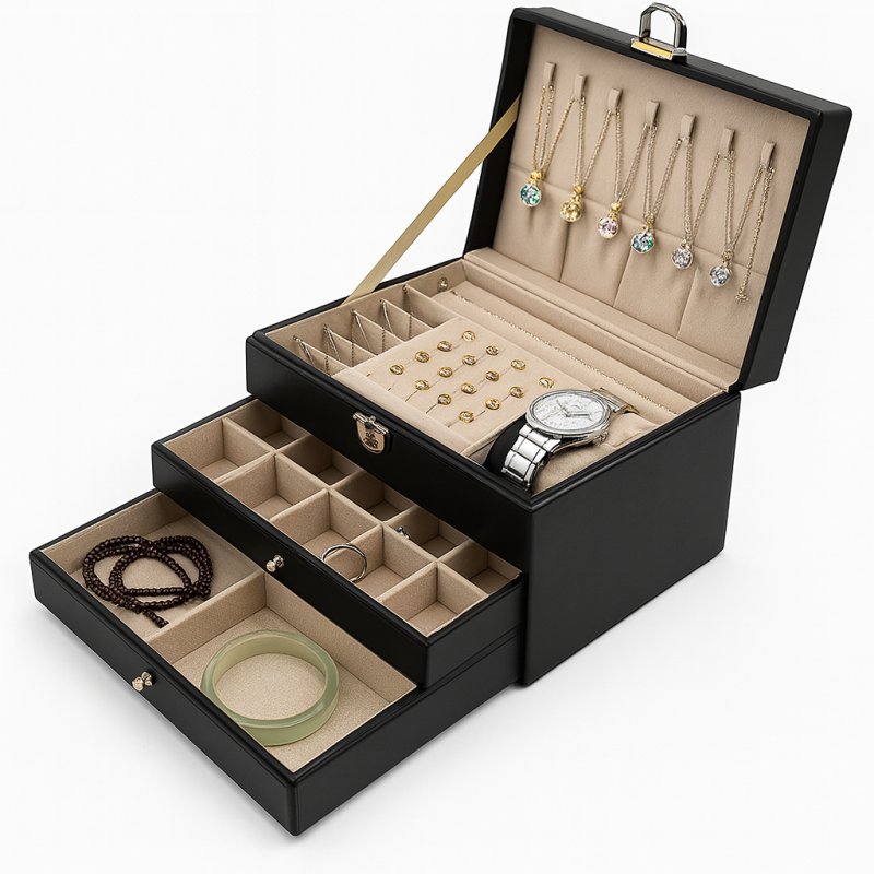 Duża szkatułka na biżuterie czarna elegancka Kuferek Organizer Kasetka
