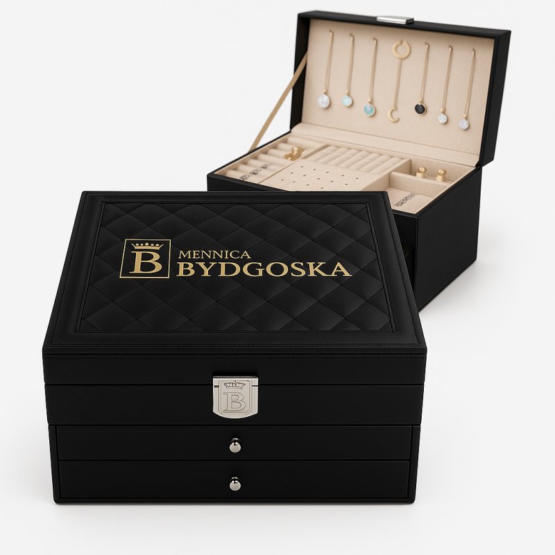 Duża szkatułka na biżuterie czarna elegancka Kuferek Organizer Kasetka