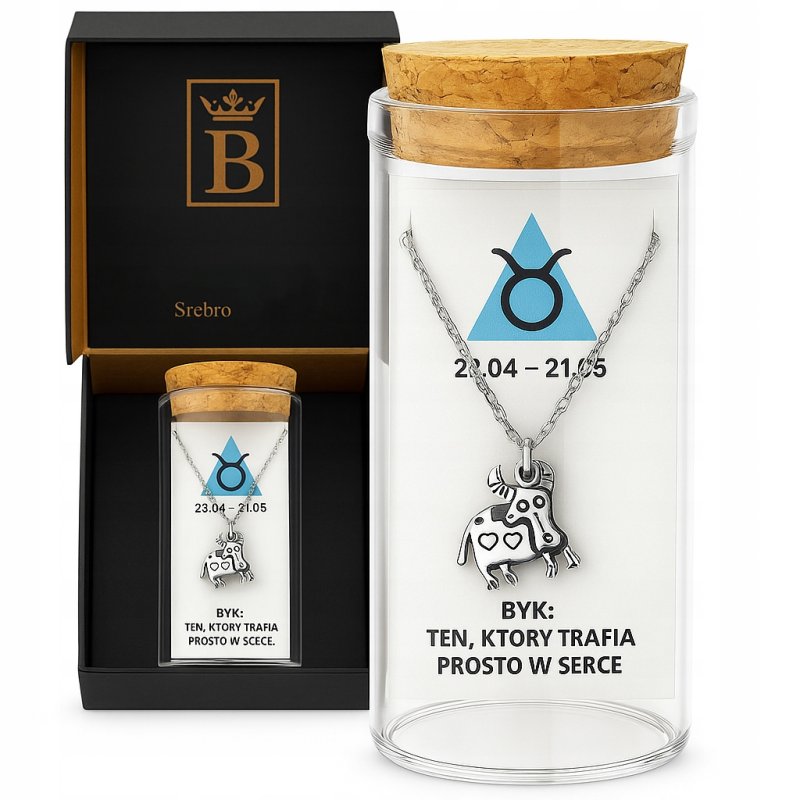 Srebrny naszyjnik damski w butelce znak zodiaku byk srebro próba 925