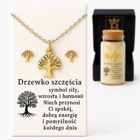 Komplet biżuterii naszyjnik kolczyki drzewko szczęścia srebro 925 w butelce
