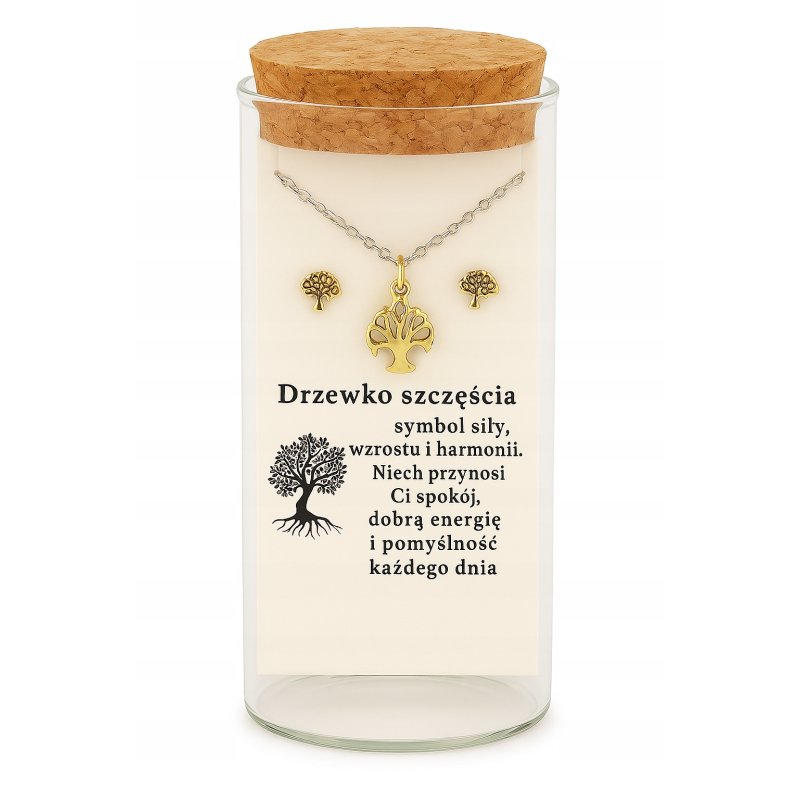 Komplet biżuterii naszyjnik kolczyki drzewko szczęścia srebro 925 w butelce