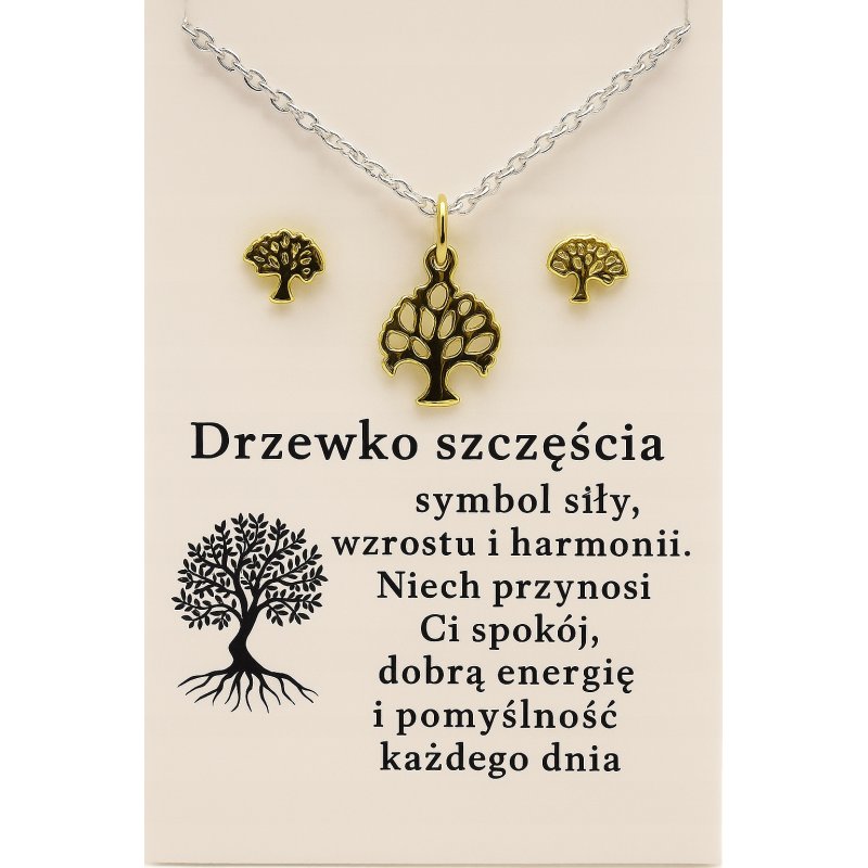 Komplet biżuterii naszyjnik kolczyki drzewko szczęścia srebro 925 w butelce
