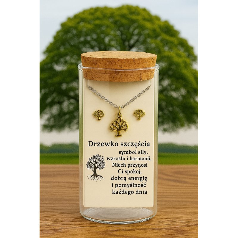 Komplet biżuterii naszyjnik kolczyki drzewko szczęścia srebro 925 w butelce