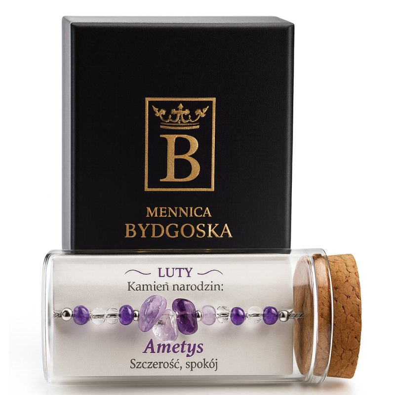 Srebrna damska bransoletka w butelce luty ametyst srebro próba 925