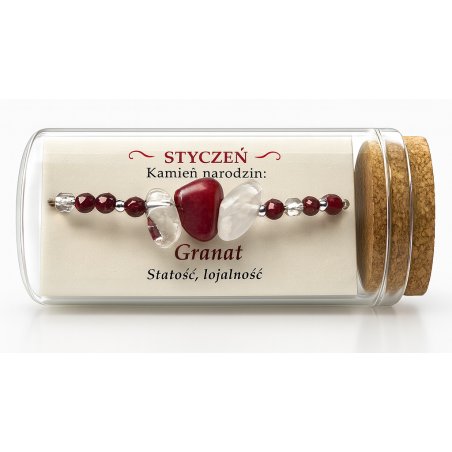 Srebrna damska bransoletka w butelce styczeń granat srebro próba 925