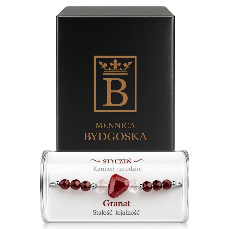 Srebrna damska bransoletka w butelce styczeń granat srebro próba 925