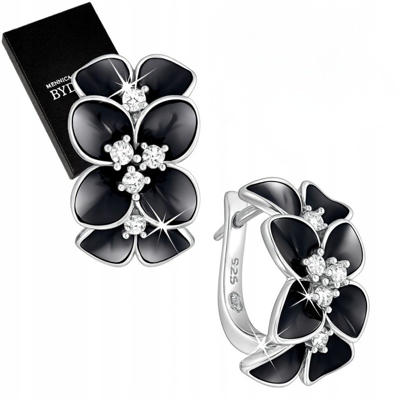 Srebrne kolczyki 925 dla kobiety kwiatki czarne kolczyki srebro angielskie