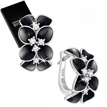 Srebrne kolczyki 925 dla kobiety kwiatki czarne kolczyki srebro angielskie