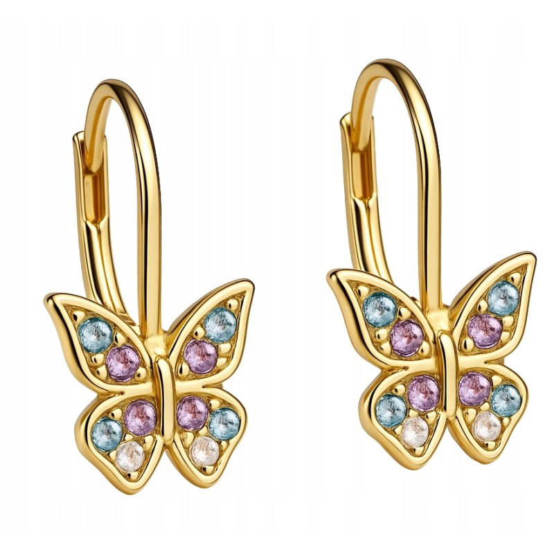 Kolczyki srebrne pozłacane wiszące motylki dla dziewczynki srebro 925