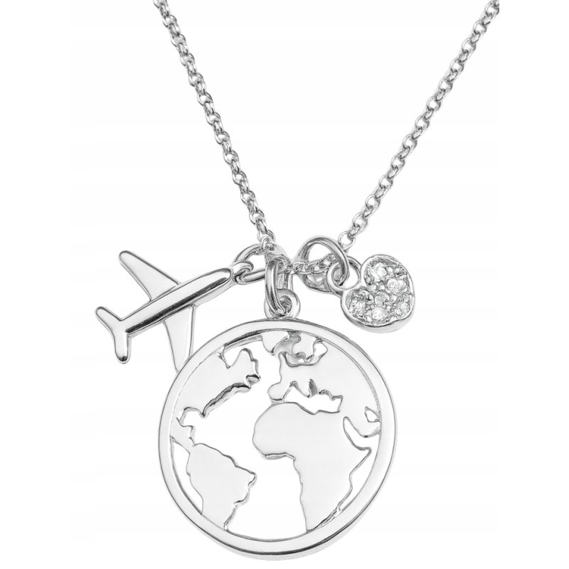 Naszyjnik damski srebrny świat podróż samolot srebro próba 925 regulowany