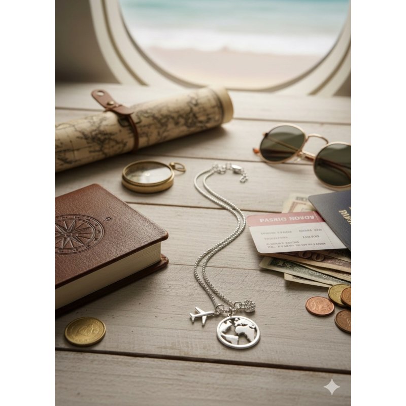 Naszyjnik damski srebrny świat podróż samolot srebro próba 925 regulowany