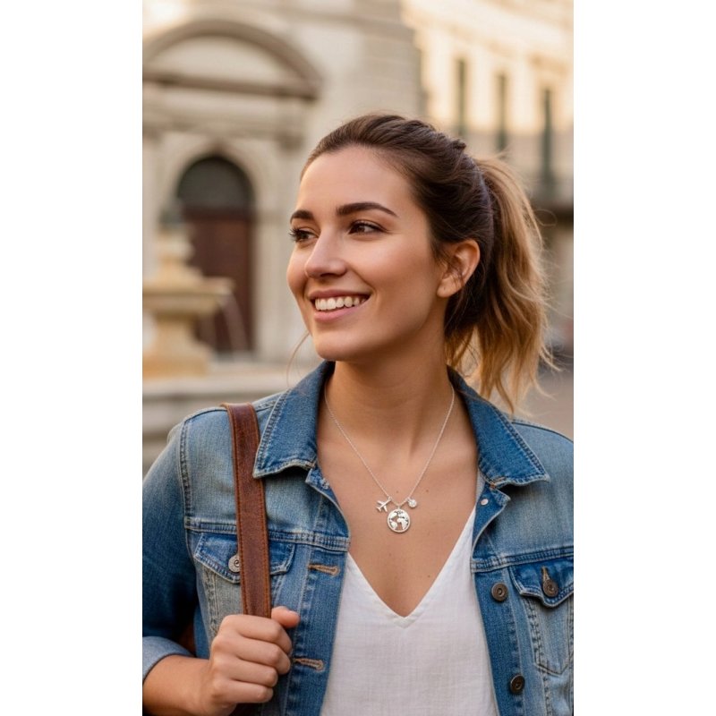 Naszyjnik damski srebrny świat podróż samolot srebro próba 925 regulowany