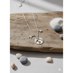 Naszyjnik damski srebrny świat podróż samolot srebro próba 925 regulowany
