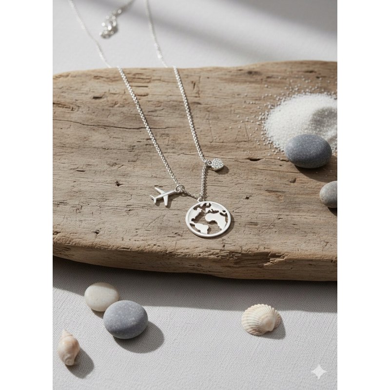 Naszyjnik damski srebrny świat podróż samolot srebro próba 925 regulowany