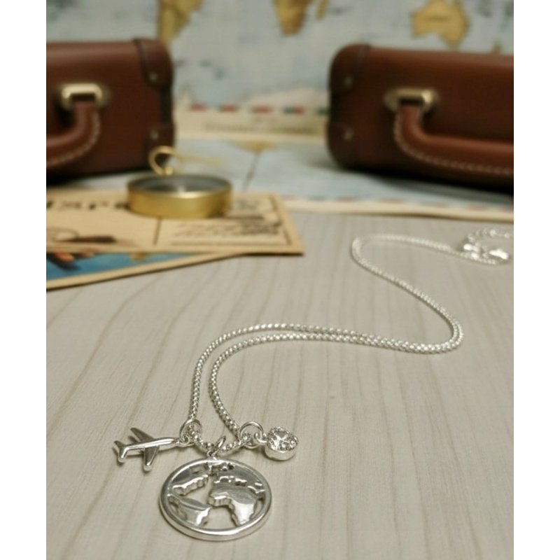 Naszyjnik damski srebrny świat podróż samolot srebro próba 925 regulowany