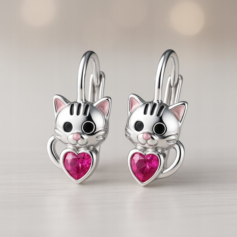 Srebrne kolczyki kotki serce cyrkonia srebro próba 925 angielskie zapięcie